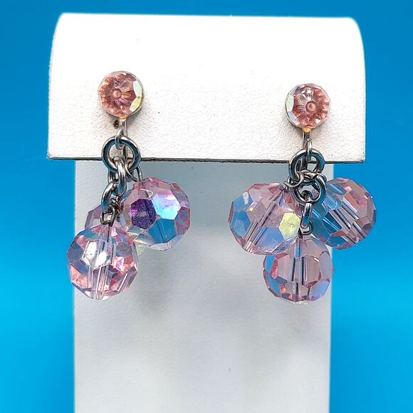 Vintage Light Pink Crystal Earrings, Clip Clasps, Silver Tone - Picture 7 of 8